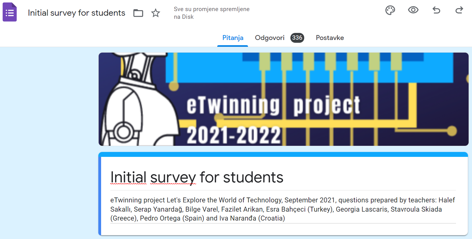 eTwinning projekt Let's Explore the World of Technology - inicijalni upitnik